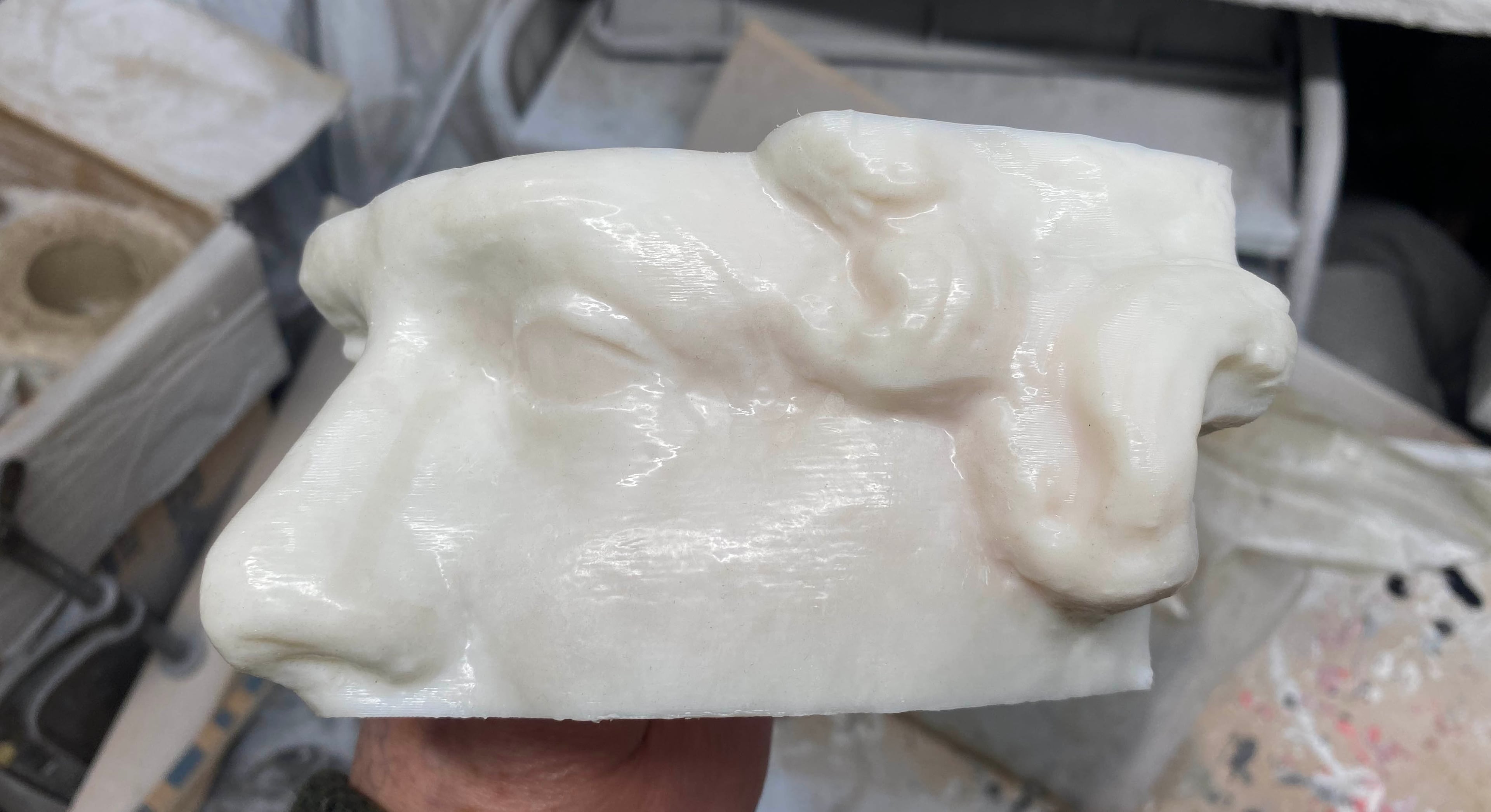 3D printed classical sculptural fragment showing facial features