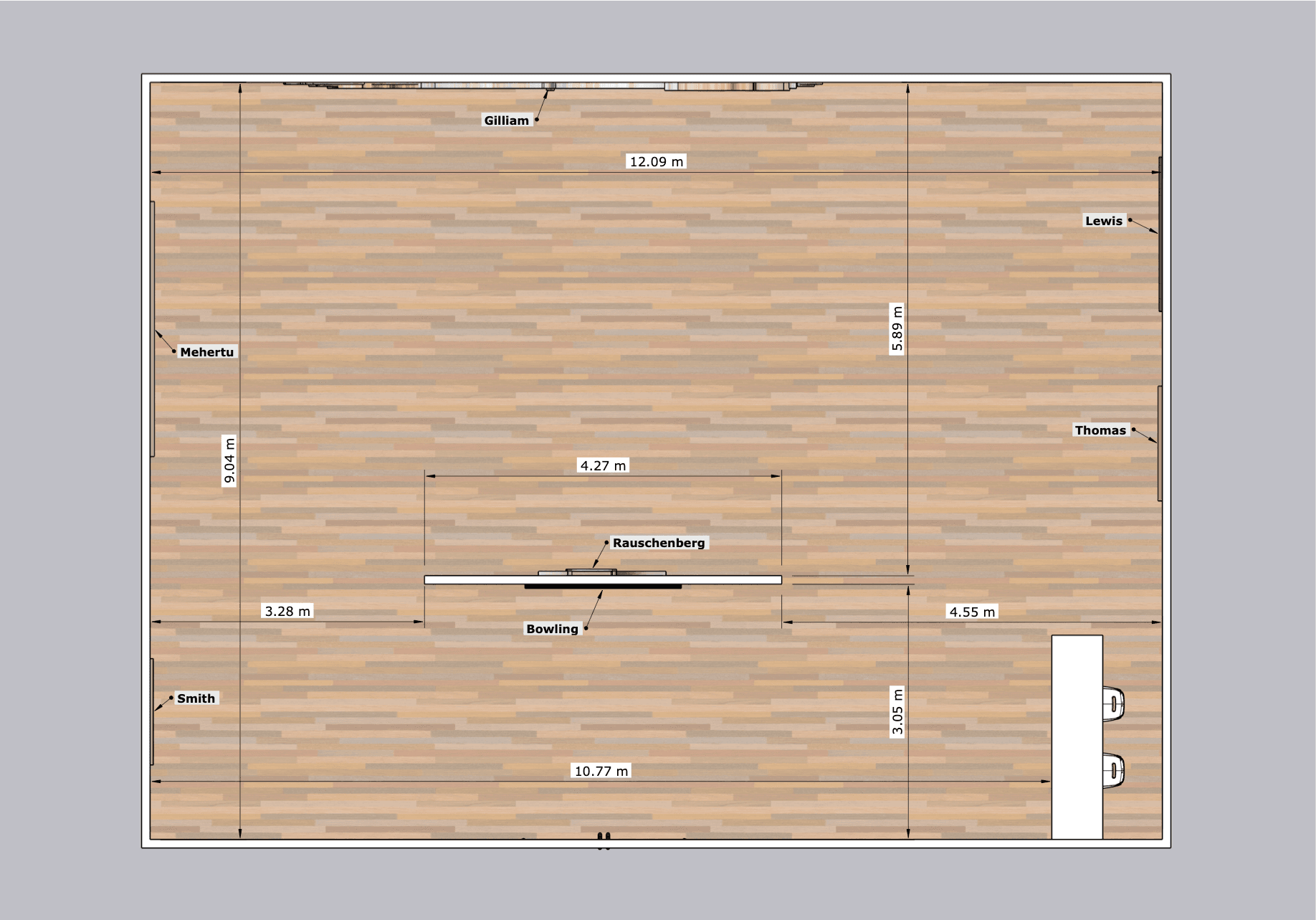 Annotated overhead floor plan showing gallery dimensions, artist positions and spatial measurements for exhibition layout planning
