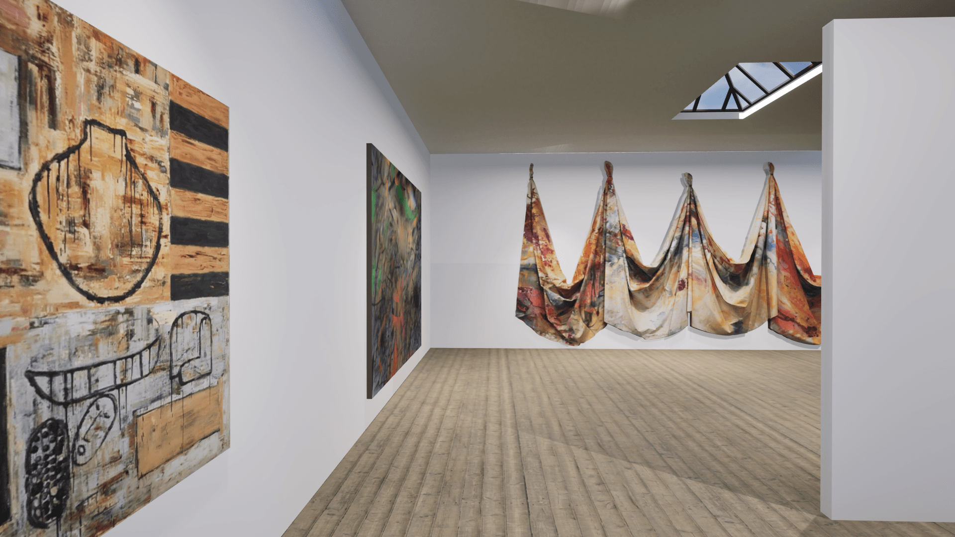 Photorealistic 3D render of a gallery interior showing artwork placement and spatial layout planning for an exhibition at V21 Artspace