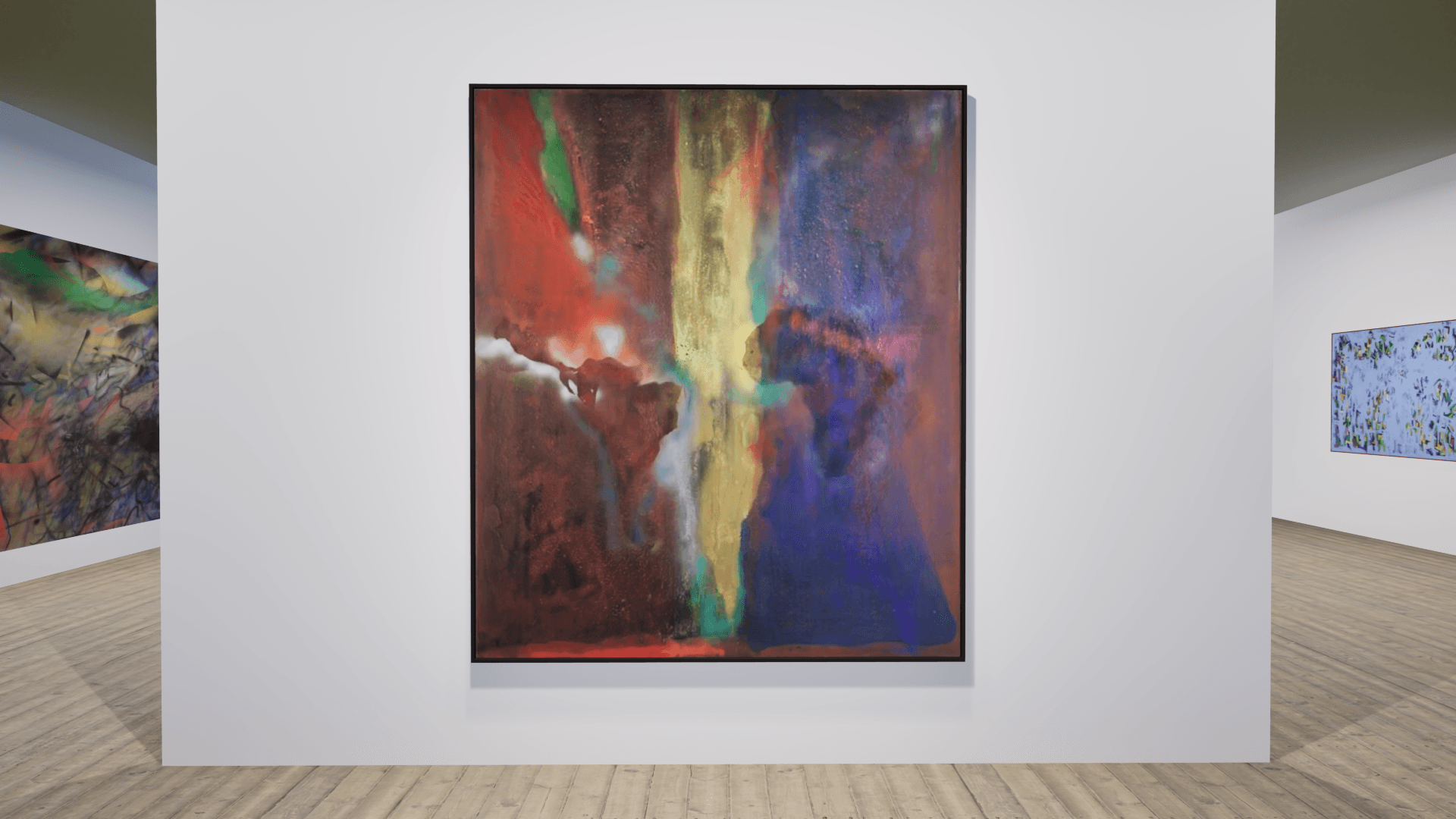 3D render of a gallery interior showing a large abstract painting on a partition wall, demonstrating spatial relationships and sightlines in exhibition planning