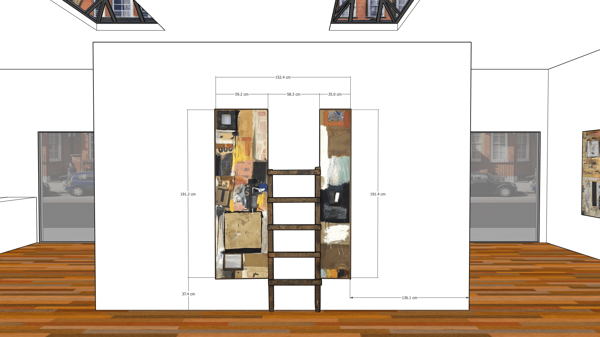 Wall elevation diagram with precise centimetre measurements showing artwork placement dimensions, hanging heights and spacing on a gallery wall