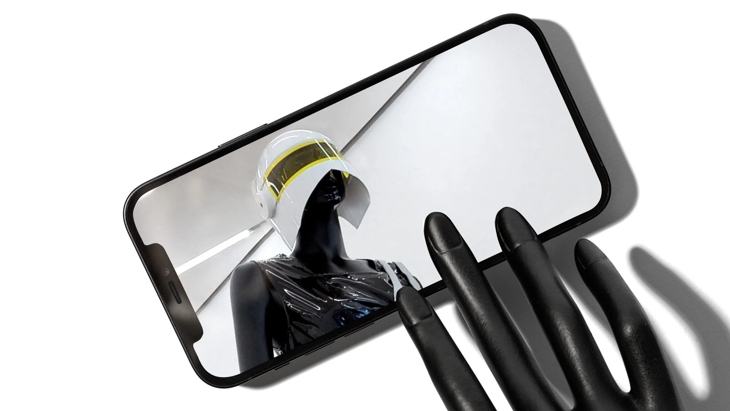 Hand holding phone showing virtual exhibition