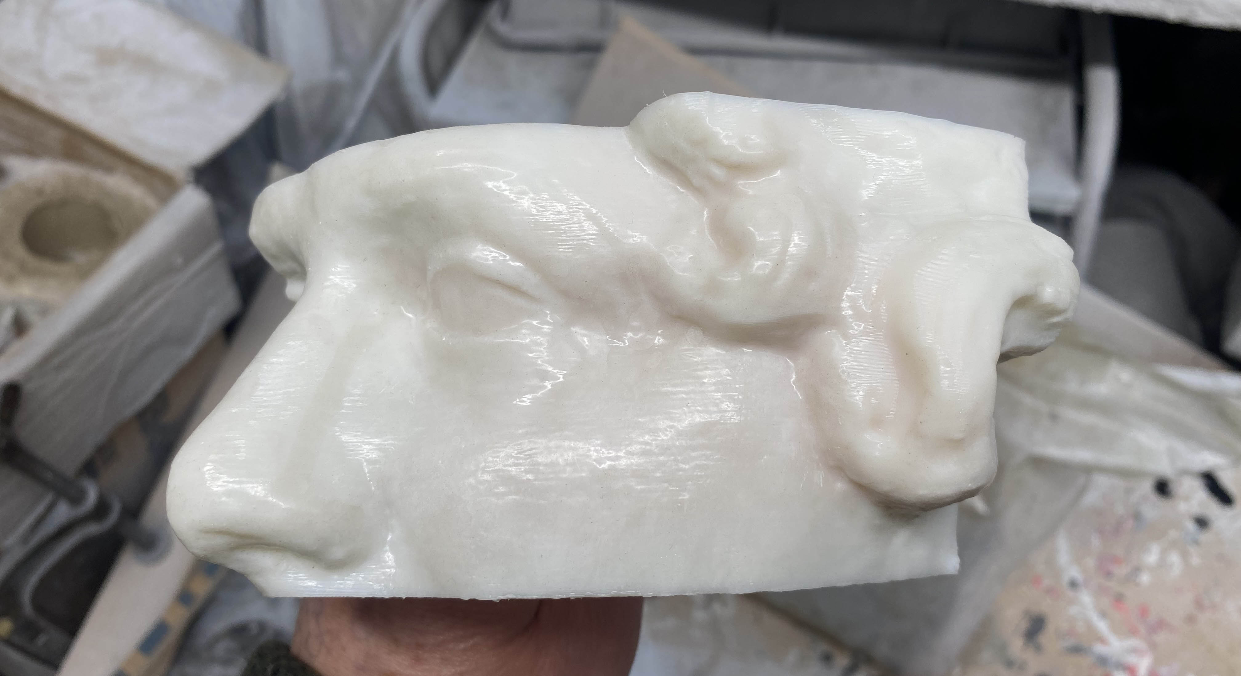 3D printed classical sculptural fragment showing facial features